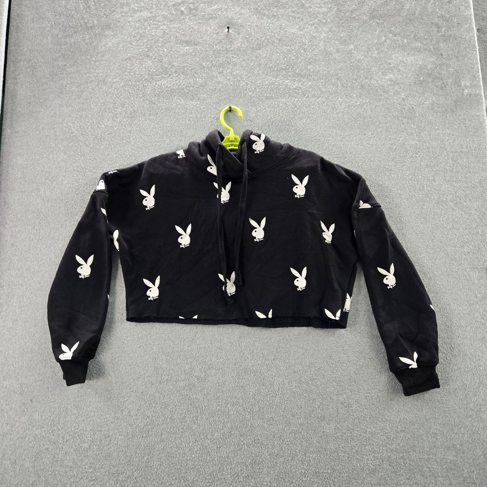 Missguided Black Cropped Hoodie with White Bunny Print